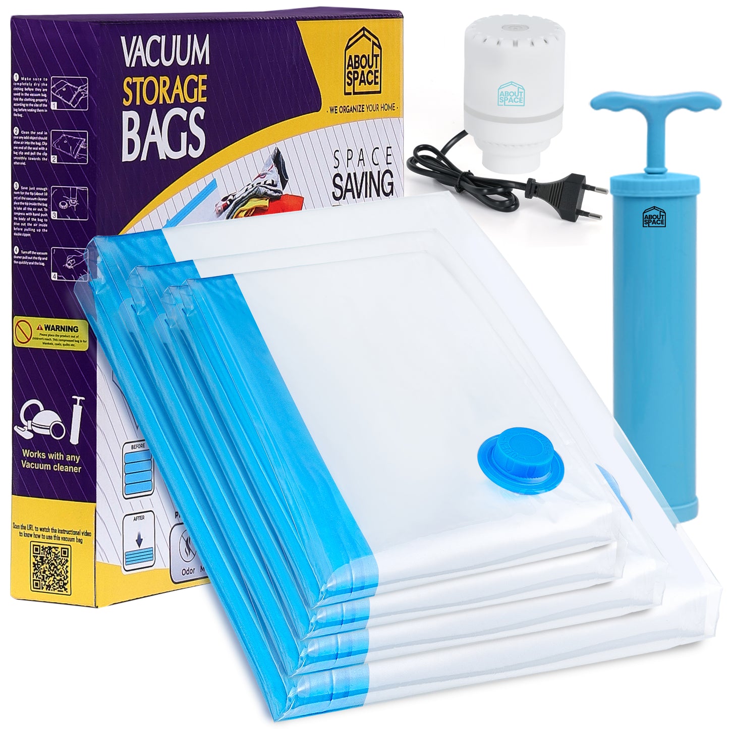 ABOUT SPACE 4 Pack Vacuum Bags for Travel with Electric Pump and Hand Pump (2X Jumbo/ X Jumbo/ 2 Jumbo)