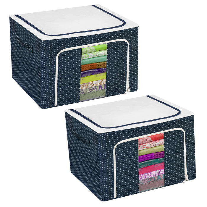 ABOUT SPACE 2 Pack Cloth Storage Box - 66 Litres Clothes Foldable Organiser for Wardrobe with Transparent Window - 2 Way Opening Closet Organizer with Handles - Saree Covers/Bags with Zip (Blue)
