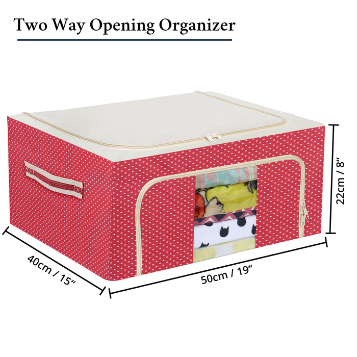 ABOUT SPACE 2 Pack Cloth Storage Box 44 Ltr - Oxford Fabric Clothes Foldable Organiser for Wardrobe with Clear Window - 2 Way Opening Closet Organizer with Handles - Saree Covers/Bags with Zip (Red)
