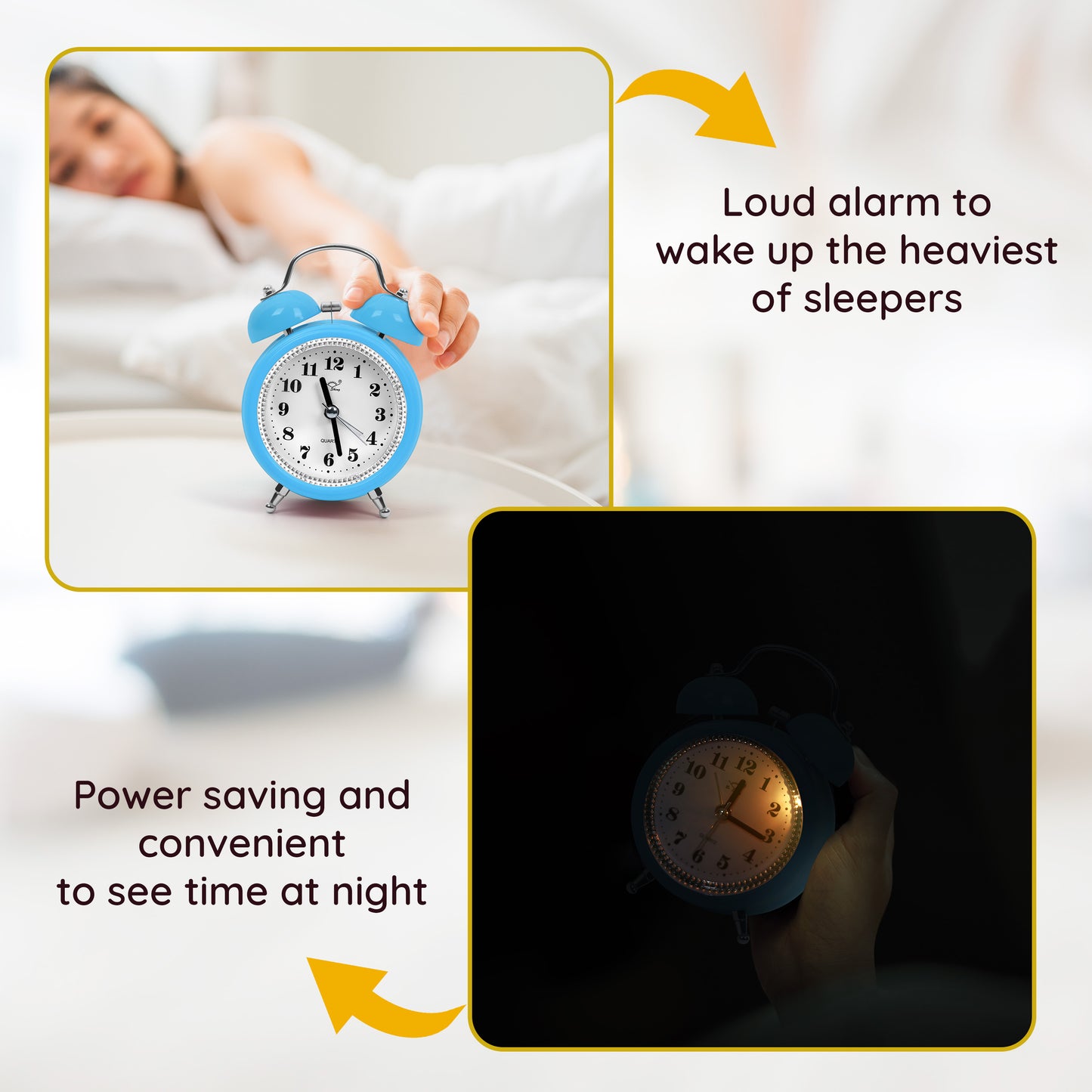 ABOUT SPACE Twin Bell Alarm Clock Non-Ticking with Night Light- Blue (Battery not Included)