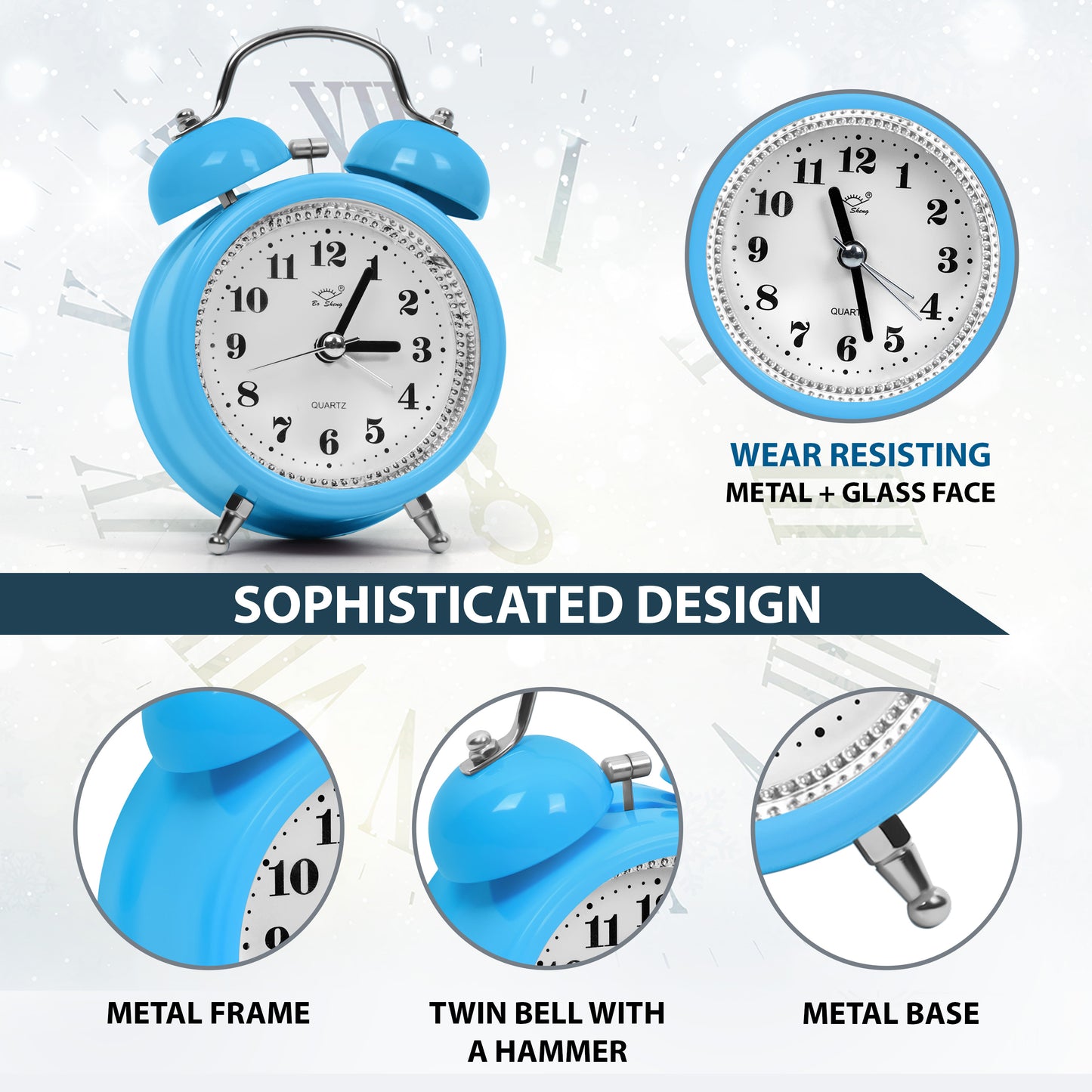 ABOUT SPACE Twin Bell Alarm Clock Non-Ticking with Night Light- Blue (Battery not Included)