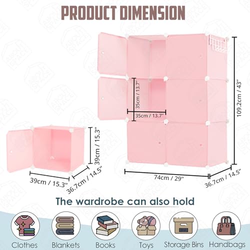 ABOUT SPACE Collapsible Wardrobe - DIY 6 Cube Plastic Almirah for Clothes with Side Hanger, Door Magnet & Hamer- Foldable Wardrobe for Storage for Home | Storage Organizer - Pink