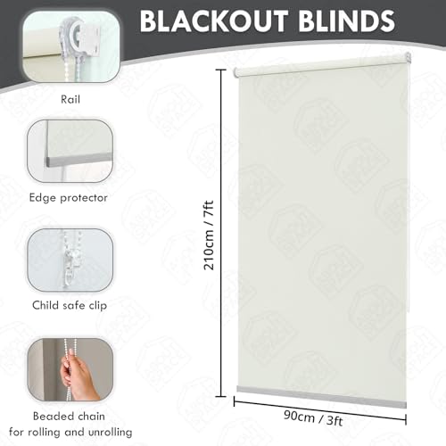 B0DNN65RFT ABOUT SPACE Window Blinds - 3 x 7 ft Blackout Roller Blinds with Pull Bead for Privacy, UV Protection | Corded Roll Up Curtain Window Shades for Home, Office, Living Room, Bedroom- Ivory