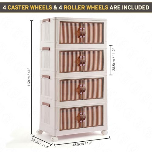 ABOUT SPACE Plastic Cupboard for Storage - 4 Tier DIY Foldable Cupboard with Door, Caster & Roller Wheels (L 48.5 x B 29 x H112cm)