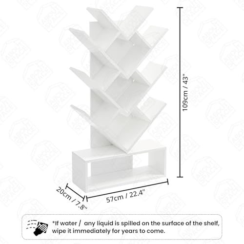 ABOUT SPACE Book Shelf for Home - 11 Tier Tree Shaped Book Rack for Study Room DIY Wooden Book Stand with Bottom Storage Space for Office, Livingroom, Bedroom (White - L 57 x B 20 x H 109 cm)