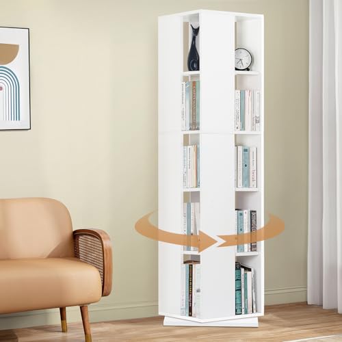 ABOUT SPACE Rotating Book Shelf for Home Library - 5 Tier 360° Book Rack | DIY Wooden Book Stand with Partition & Bottom Turnplate for Office, Livingroom, Bedroom (White - L 38 x B 38 x H 149 cm)