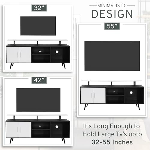 ABOUT SPACE TV Unit for Living Room - Engineered Wood DIY TV Stand with Cable Hole Cabinet with Door, Adjustable Shelf, Open Display Shelves (Black & White- L140 x B40 x H64 cm)
