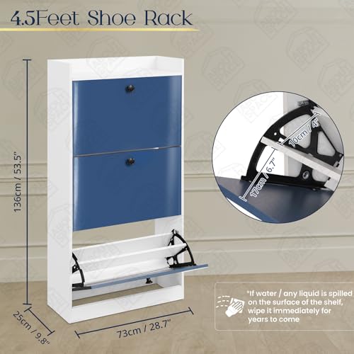 ABOUT SPACE Shoe Rack for Home - 4.5ft 3 Tier Tilt Out Door Semi-UV Gloss Laminate DIY Engineered Wood Shoe Cabinet - Anti-tip Protection Removable Adjustable Panels for 18 - 20 Pairs - Blue & White