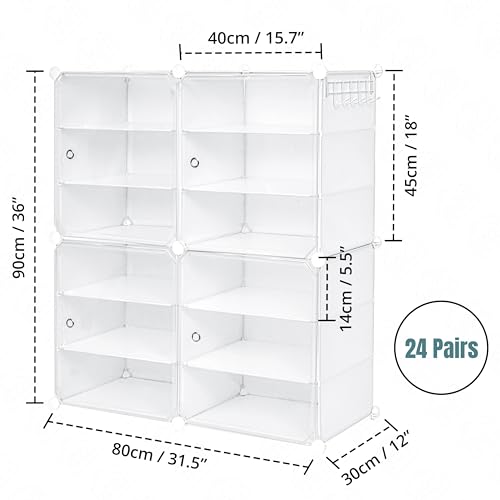 ABOUT SPACE Shoe Rack Organizer - 12 Layer Shoe Stand With Hanger & Door - DIY 24 Pair Portable, Expandable 4 Cube Shoe Stand (White)