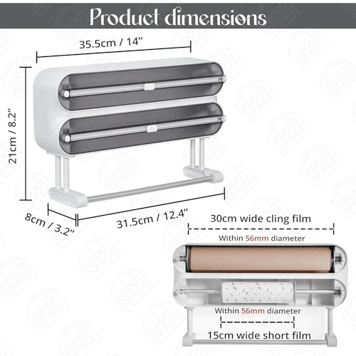 ABOUT SPACE Magnetic Wrap Dispenser with Cutter - 4 in 1 Wall Mounted Wrap Holder with Cutter & Storage Kitchen Tissue Roll Holder Plastic / Cling Wrap Dispenser - Transparent (L 35.5 x B 8 x H 21 cm)