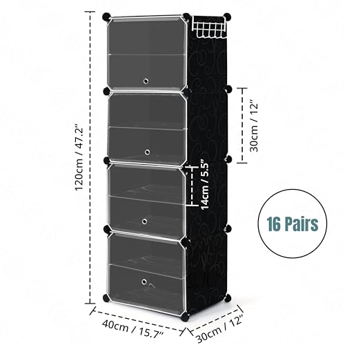 ABOUT SPACE Shoe Rack Organizer - 8 Layer Shoe Stand With Hanger & Door - DIY 16 Pair Portable, Expandable 4 Cube Shoe Stand (Black)