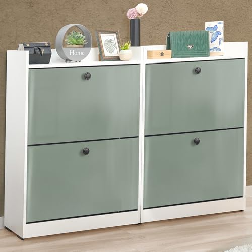 ABOUT SPACE Shoe Rack for Home - 3ft 4 Tilt Out Door Semi-UV Gloss Laminate DIY Engineered Wood Shoe Cabinet - Anti-tip Protection Removable Adjustable Panels for 25-30 Pairs - Green & White