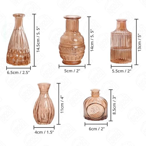 ABOUT SPACE Glass Bud Flower Vase – Pack of 5 Glass Centrepiece Mini Flower Vase -Antique Collections for Wedding Decorations Sturdy Textured Drop Shaped Table Top Decor for Home, Restaurants - Brown