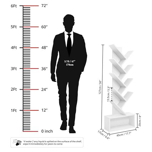 ABOUT SPACE Book Shelf for Home Library - 9-Tier Tree Shaped Book Rack for Study Room DIY Wooden Book Stand with Bottom Storage Space (White - L 45 x B 17 x H 127 cm)