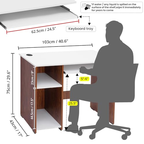 ABOUT SPACE Computer Table for Home with Keyboard Tray, Adjustable Storage Space & Wire Holes (Oak Red & White - L 103 x B 43 x H 75 cm)
