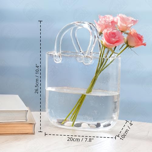 B0DM8DHBSH ABOUT SPACE Flower Vase - Handbag Shape Glass Vase with Handle Unique Bubble Scattered Aesthetic Design Centrepiece for Flowers & Fish Purse Shape Table Decor for Home, Office, Cafe L20x B10x H26.5cm