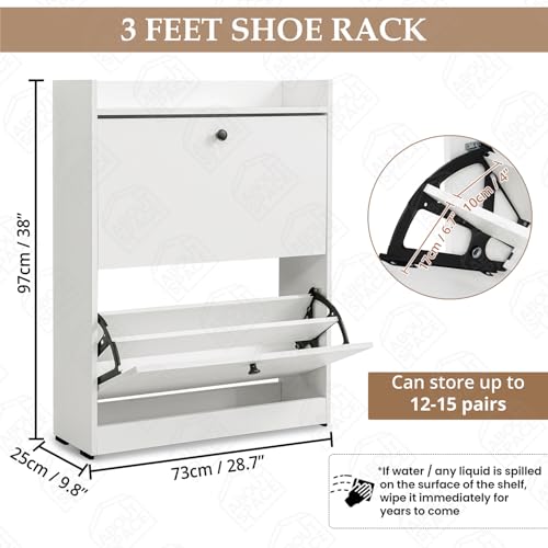 ABOUT SPACE Shoe Rack for Home - 3 Ft 2 Tier Tilt Out Door Slim Shoe Cabinet | 12-15 Pairs Vintage Slipper Stand with Anti-Tipping Protection & Removable/Adjustable Panels - Engineered Wood - White