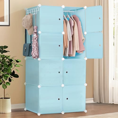 ABOUT SPACE Collapsible Wardrobe - DIY 8 Cube Plastic Almirah for Clothes with Side Hanger, Clothes Hanger, Door Magnet & Hamer- Foldable Wardrobe for Storage for Home | Storage Organizer - Blue