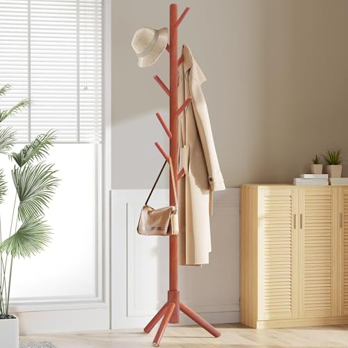 ABOUT SPACE Coat Hanger Stand for Home - Detachable Coat Rack with 8 Hooks for Umbrella, Handbags, Dress Hanger Stand for Adults Teen Children for Bedroom Living Room Entryway (Brown H 76 cm - 176 cm)
