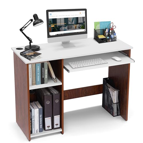 ABOUT SPACE Computer Table for Home with Keyboard Tray, Adjustable Storage Space & Wire Holes (Oak Red & White - L 103 x B 43 x H 75 cm)