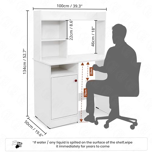 ABOUT SPACE Wooden Study Table with Hutch & Bottom Storage (White - L 100 x B 50 x H 134 cm)