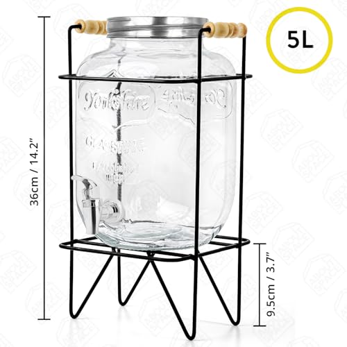 B0DKJ373VN ABOUT SPACE 5 Litre Glass Water Dispenser with Stand - Air Tight Lid Glass Pitcher for Detox Water - Mason Jar - Counter Table Top Juice Infused Water Beer Dispenser for Home Restaurant Party