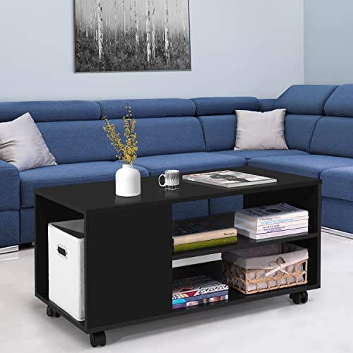 ABOUT SPACE Coffee Table with Storage - Portable Wooden Center Table with Caster Wheels & Open Rack (Black- L 90 x B 45 x H 45 cm)