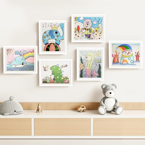ABOUT SPACE Kids Artwork Picture Frame-Front Opening Gallery Style Horizontal Vertical A4 Photo Frame with Shatter Resistant Glass for Wall with Storage & Wall Hook - Holds 110 Pcs (White-10" x 13.5")