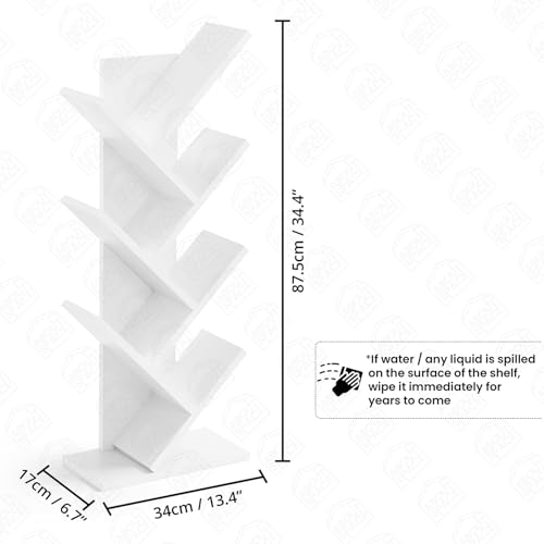B0DFCWD4T4 ABOUT SPACE Book Shelf for Home - 7 Tier Tree Shaped Book Rack for Study Room DIY Wooden Book Stand with Bottom Storage Space for Office, Livingroom, Bedroom (White - L 34 x B 17 x H 87.5 cm)
