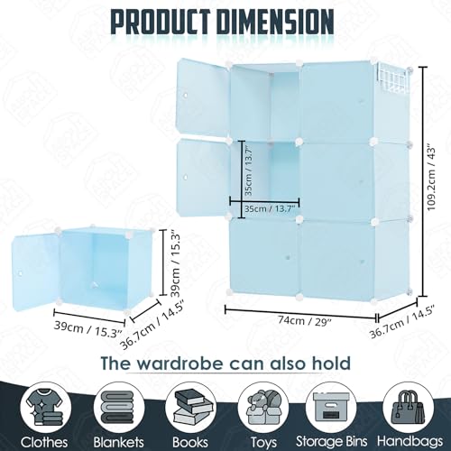 ABOUT SPACE Collapsible Wardrobe - DIY 6 Cube Plastic Almirah for Clothes with Side Hanger, Door Magnet & Hamer- Foldable Wardrobe for Storage for Home | Storage Organizer - Blue