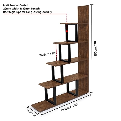 ABOUT SPACE Book Shelf - 5 Tier L-Shaped Unique Step Pattern Book Stand (L 100 x B 25 x H 150 cm - Brown)