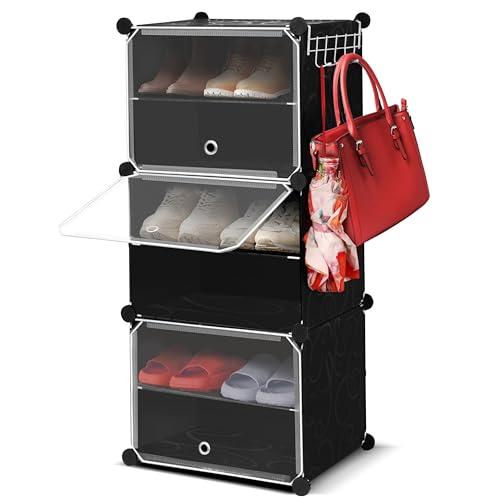 ABOUT SPACE Shoe Rack Organizer - 6 Layer Shoe Stand With Hanger & Door - DIY 12 Pair Portable, Expandable 3 Cube Shoe Stand (Black)
