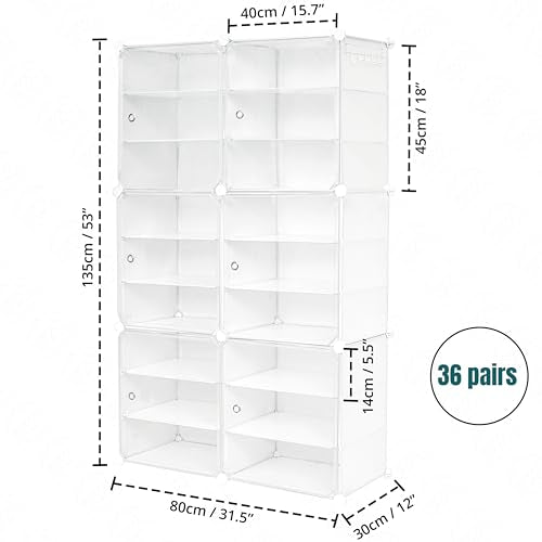ABOUT SPACE Shoe Rack Organizer - 18 Layer Shoe Stand with Hanger & Door - DIY 36 Pair Portable, Expandable 2 Way (Vert/Horiz) Assembly 6 Cube Shoe Stand (White)