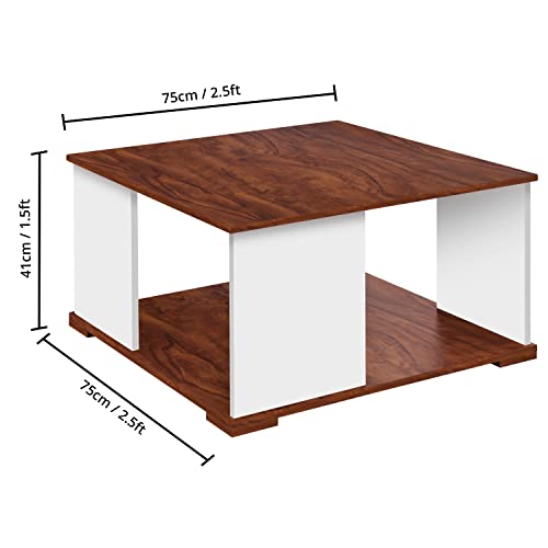 ABOUT SPACE Coffee Table - Portable Wooden Centre Table with Storage & Open Rack - (White & Oak Red - L 75 x B 75 x H 41 cm)