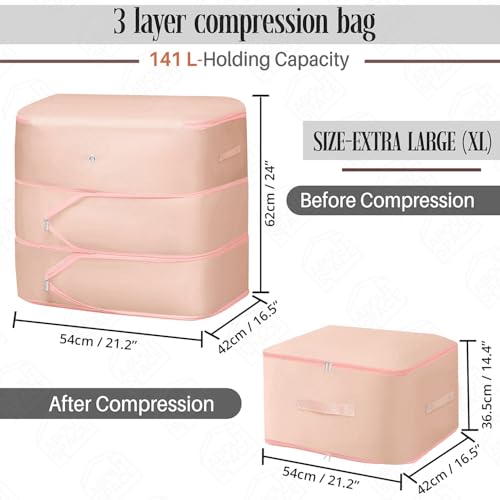 ABOUT SPACE Ultra Space Saving Self Compression Organizer - 144 L Vacuum Storage Bags - Packing Vaccine Bags for Clothes Airtight Reusable -Travel Essentials (Pink - XL - L 54 x B 42 x H 62 cm)