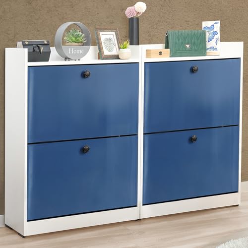 ABOUT SPACE Shoe Rack for Home - 3ft 4 Tilt Out Door Semi-UV Gloss Laminate DIY Engineered Wood Shoe Cabinet - Anti-tip Protection Removable Adjustable Panels for 25-30 Pairs - Blue & White