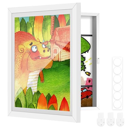 ABOUT SPACE Kids Artwork Picture Frame-Front Opening Gallery Style Horizontal Vertical A4 Photo Frame with Shatter Resistant Glass for Wall with Storage & Wall Hook - Holds 110 Pcs (White-10" x 13.5")