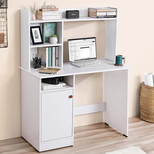 ABOUT SPACE Wooden Study Table with Hutch & Bottom Storage (White - L 100 x B 50 x H 134 cm)