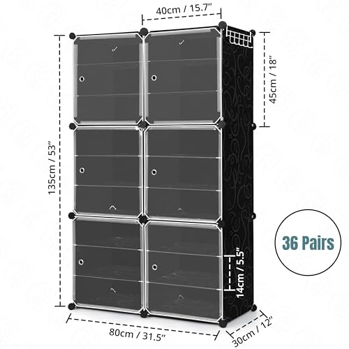 ABOUT SPACE Shoe Rack Organizer - 18 Layer Shoe Stand with Hanger & Door - DIY 36 Pair Portable, Expandable 2 Way (Vert/Horiz) Assembly 6 Cube Shoe Stand (Black)