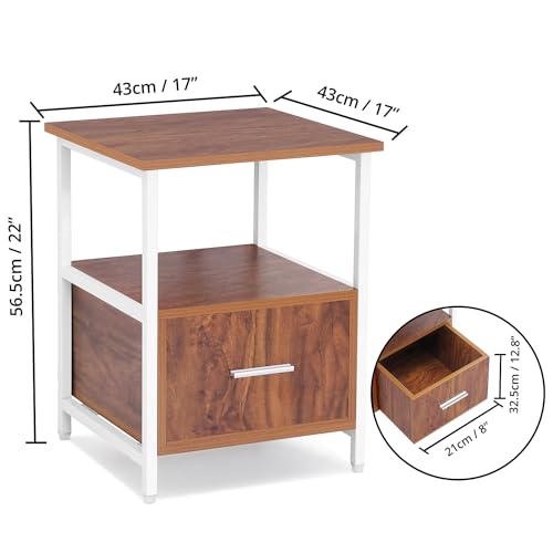 ABOUT SPACE Bed Side Table for Bedroom with Drawer (White & Oak Red-L43 x B43 x H56.5cm)