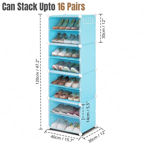 ABOUT SPACE Shoe Rack Organizer - 8 Layer Shoe Stand With Hanger & Door For Home - DIY 12 Pair Portable Expandable 4 Cube Shoe Stand For Boots Heels Slipper Stand For Women Men Outdoor (Blue) Plastic
