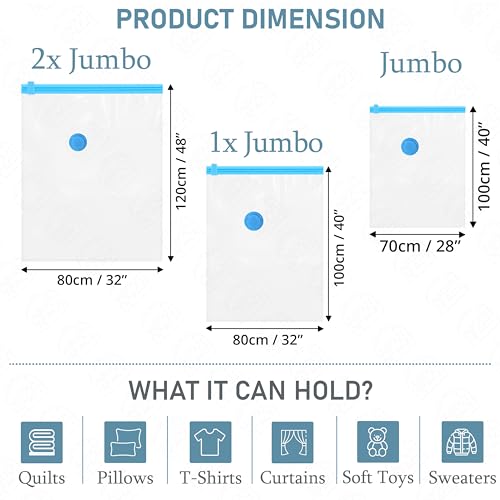 ABOUT SPACE 4 Pack Vacuum Bags for Travel with Hand Pump (2X Jumbo/ X Jumbo/ 2 Jumbo)