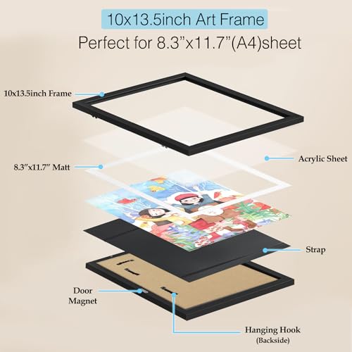 ABOUT SPACE Kids Artwork Picture Frame-Front Opening Gallery Style Horizontal Vertical A4 Photo Frame with Shatter Resistant Glass for Wall with Storage & Wall Hook - Holds 110 Pcs (Black-10" x 13.5")