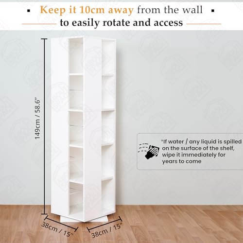 ABOUT SPACE Rotating Book Shelf for Home Library - 5 Tier 360° Book Rack | DIY Wooden Book Stand with Partition & Bottom Turnplate for Office, Livingroom, Bedroom (White - L 38 x B 38 x H 149 cm)