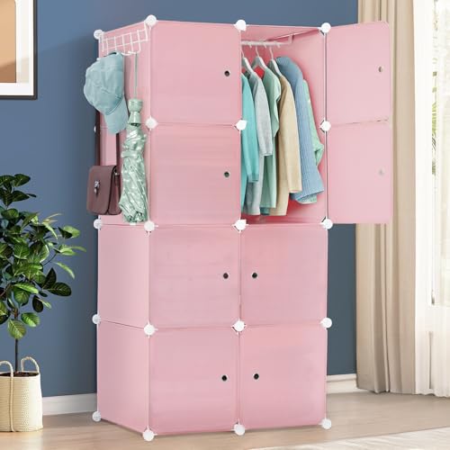 ABOUT SPACE Collapsible Wardrobe - DIY 8 Cube Plastic Almirah for Clothes with Side Hanger, Clothes Hanger, Door Magnet & Hamer- Foldable Wardrobe for Storage for Home | Storage Organizer - Pink