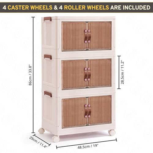 ABOUT SPACE Plastic Cupboard for Storage - 3 Tier DIY Foldable Cupboard with Door, Caster & Roller Wheels (L 48.5 x B 29 x H 86cm)