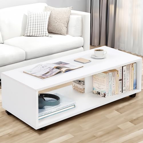 ABOUT SPACE Coffee Table - Center Table for Living Room with Wheels, Engineered Wood Tea Table Rectangle Teapoy Table with Storage for Hall Lounge Office - White (L 80.5 x B 40.5 x H 41.5 cm)