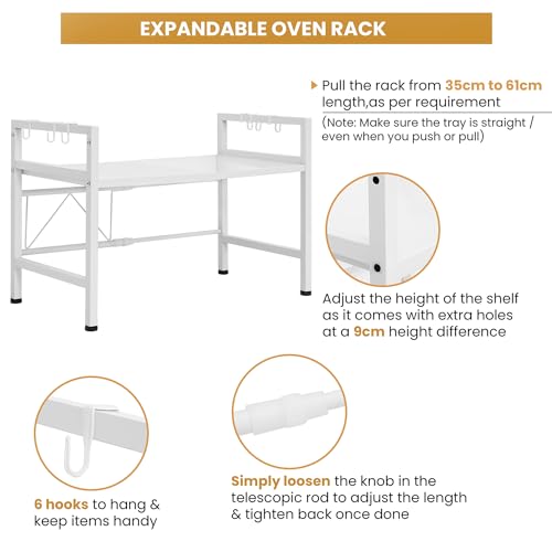 ABOUT SPACE Kitchen Storage Rack - Expandable & Height Adjustable Microwave Stand with Hooks - White -L65 x B36.5 x H46 cm