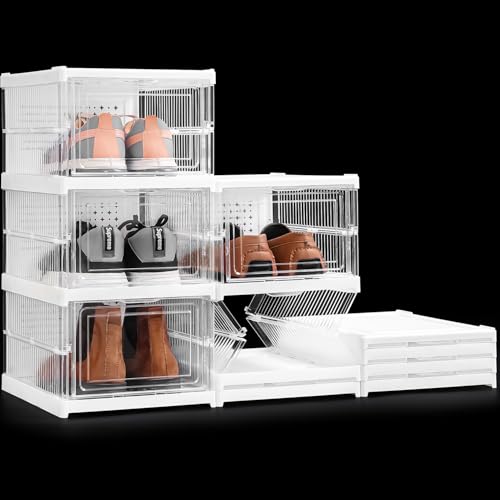 ABOUT SPACE Shoe Box- 3 Tier Transparent Shoe Rack - Collapsible Shoe Organiser with Door-Foldable (L 25.6 x B 34.5 x H 54 cm)