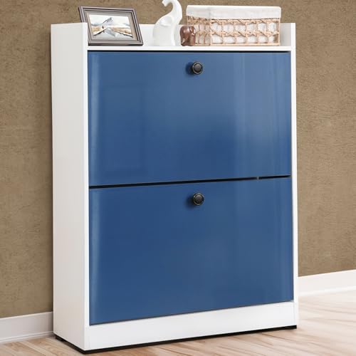 ABOUT SPACE Shoe Rack for Home - 3 ft 2 Tier Tilt Out Door Semi-UV Gloss Laminate DIY Engineered Wood Shoe Cabinet - Anti-tip Protection Removable Adjustable Panels for 12-15 Pairs - Blue & White